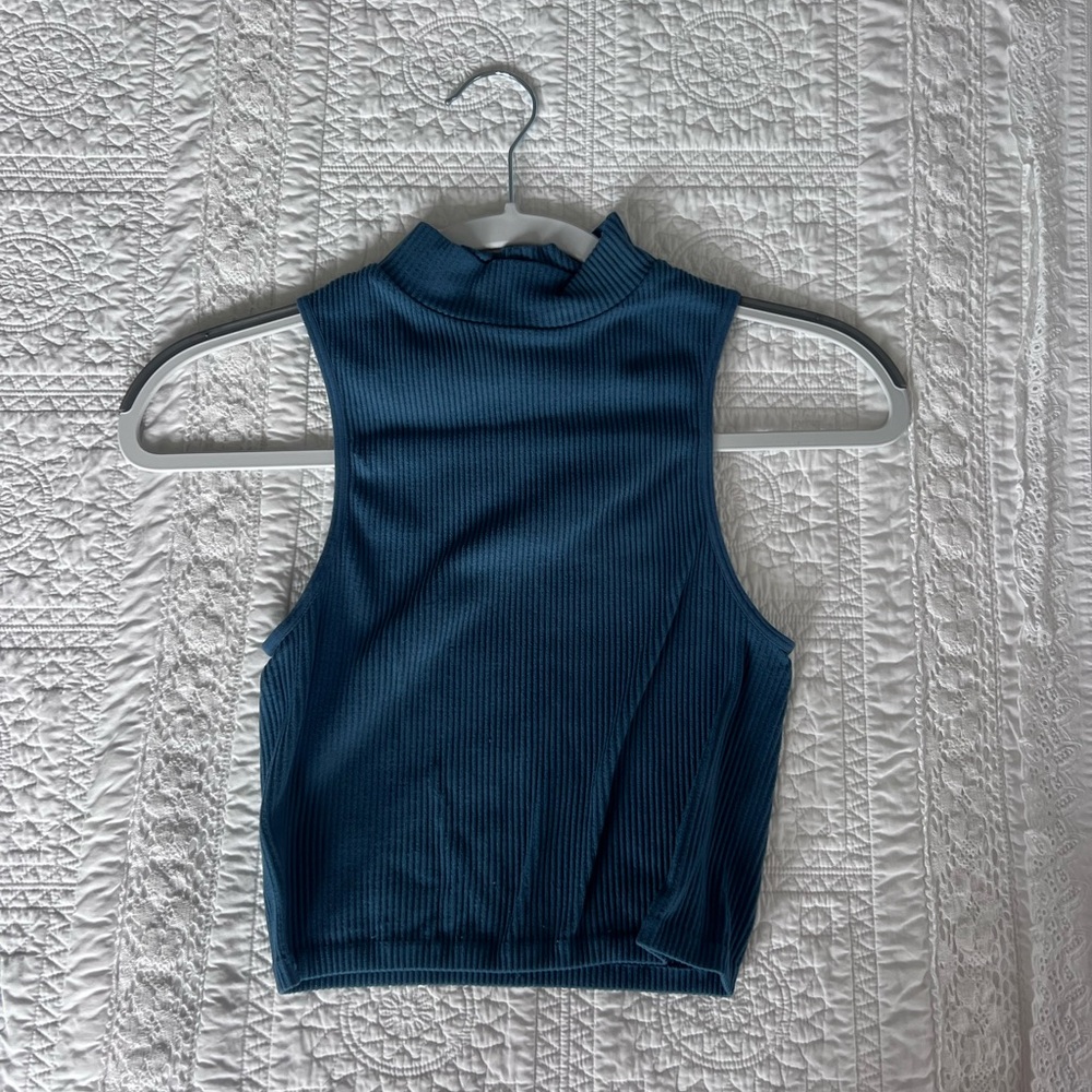 Zara Blue Sleeveless Crop Tank with Mandarin Collar